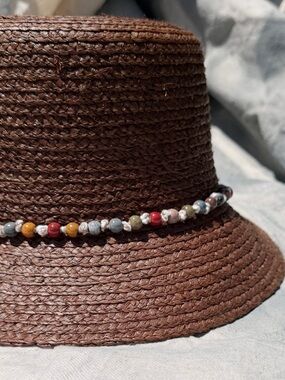 Brown Straw Sun Hat with Multicolor Beaded Band